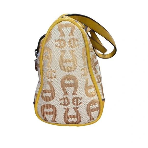 Etienne Aigner Satchel Bag Canvas Leather Signature Logo Print Gold P10 - Picture 6 of 8
